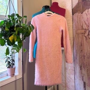 Cozy Pink Fuzzy Sweater Dress